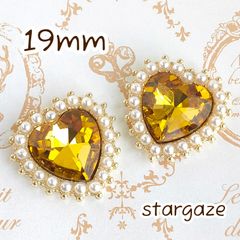 【 3個 】 19mm ハート パール付き センターパーツ ストーン ビジュー カボション イエロー×ゴールドフレーム