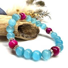 キャッツアイ(ライトブルー)×ピンクタイガーアイ パワーストーン ブレスレット  (シルバー) メンズ・レディース　男性・女性　数珠ブレス 開運 [23]