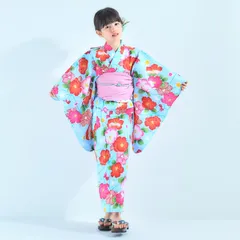 【2点セット】キッズ 子供 浴衣 しわへこ 帯とセット 青 水色 椿 100〜150cm P5