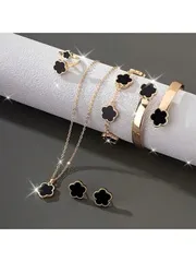 ジュエリー レディース セット 4つ葉のクローバーのレディースジュエリーセット6点: ネックレス + ピアス + リング + ブレスレット + バングル、ミニマリストでエレガントな合金デザイン、誕生日、クリスマス、