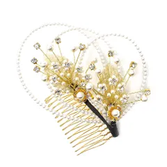 髪飾り コーム型 ラインストーン パール ゴールド 白 キラキラ ラメ リーフ 葉 丸 円 サークル 小さい かんざし かわいい 粋 No.9-3502