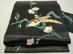 平和屋着物●アンティーク　大正ロマン　総刺繍　九寸名古屋帯　休み鳥　陵金　黒地　正絹　逸品　CAAW5863vp