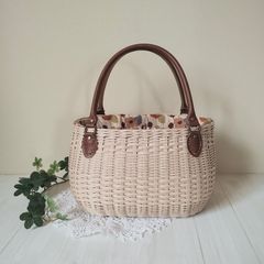 かごバッグ　ベージュ×茶系花柄　浴衣にも