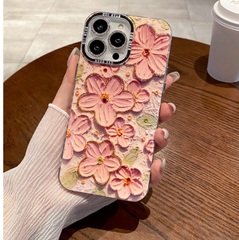 【匿名配送、無料】iPhone 14 15 Pro ProMax 韓国風油絵ピンクフラワー かわいい