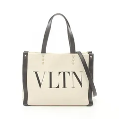ヴァレンチノ Valentino トートバッグ VLTNロゴ ロックスタッズ ナチュラル/ブラック キャンバス レザー スタッズ2wayトート レディース Used A