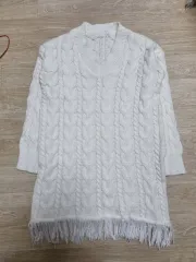 ヴィンテージ フリンジ ケーブル編み ニット ワンピース アイボリー クリーム色 長袖 Vネック