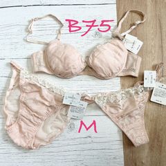 淡いピンクと白のブラジャーB75 ショーツ・Tバック(M)3点セット　T073