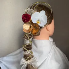 【胡蝶蘭髪飾り】成人式　結婚式　卒業式　振り袖　和装前撮り　七五三　和装　着物　袴　かすみ草　ドライフラワー　ゴールド　ピンポンマム　水引　フォトウェディング　白無垢　色打ち掛け