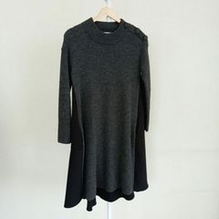 【良】　ソーノ　sono　レディース　ワンピース　グレー　灰色　黒　ブラック　毛100％　ニットワンピ　Sサイズ　1　くるみボタン　デザインワンピース　ポケット付き　ロングワンピース　カジュアルワンピース　長袖ワンピース　レディースカジュアル　秋　冬　異素材