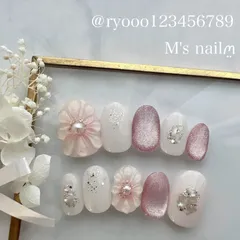 オーダーネイルチップ/匿名配送可能/ネイルチップ22枚入り/全サイズ/ピンクネイル/ピンク/結婚式/成人式/結婚式ネイル/ブライダル/ブライダルネイル/ネイルチップ/ぷっくりフラワー