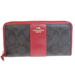 【中古】 中美品 コーチ COACH シグネチャー ラウンドファスナー 長財布 ブラウン レッド レザー F54630 03HE139