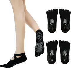 TOPIKE ピラティス 靴下ヨガソックス 5本指 滑り止め レディース 通気性 耐久性 抗菌 防臭 冷房/汗対策 バレエ スポーツ ウェア(ブラックx2,  22.5-25.0 cm)