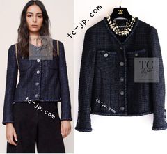 96万 シャネル ジャケット CHANEL 2022 22PS ブラック ダーク ネイビー ブルー ライオン ボタン 美人見え サマー春夏ツイード 超美品 34 36