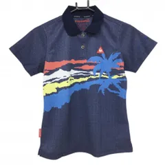 【超美品】ルコックゴルフ 半袖ポロシャツ 杢ネイビー×マルチカラー ヤシの木 ロゴ刺しゅう レディース L ゴルフウェア le coq sportif