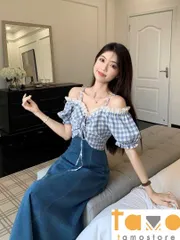 2024年　ロング ワンピース オフショルダー チェック ブルー 半袖 かわいい