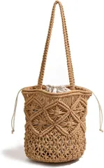 HARGIO(ハルジオ) かごバッグ 大人 上品 お洒落 レディース マクラメ トートバッグ 編みバッグ おしゃれ 可愛い マクラメバッグ ショルダー 夏 浴衣 和装 肩掛け ショルダーバッグ カゴバッグ かごバック 網 カバン 鞄(ベージュ)