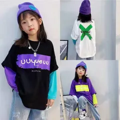 ロングT キッズ トップス ドッキング風 ロングTシャツ 重ね着風 長袖 女の子 子供服 春 秋 ゆったり 可愛い ジュニア カジュアル 丸首 薄手 英文字  KUFB038(3色100-160)