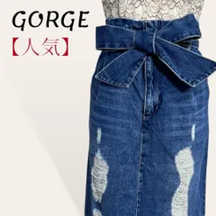 ❤️美品 ゴージ GORGE インディゴ ダメージ クラッシュ加工 カットオフ リボンベルト ハイウェスト ロング丈 デニム タイトスカート M レディース 4329