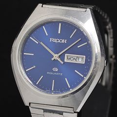 メンズ 美品 稼働品 RICOH リクォーツ 新品電池 デイト 青文字盤 