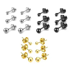 【迅速発送】ピアス レディース サージカルステンレス 人気 丸玉(ボール)ピアス 金属アレルギー 両耳用 人気 シンプル アクセサリー 誕生日 記念日 プレゼント(3mm 4mm 5mm) シルバー&ブラック&ゴールド セット 9ペア