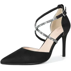 Perphy ポインテッドトゥ クリスクロス ラインストーン アンクルストラップ スティレットヒール パンプス レディース 黒 25.0cm