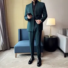 スーツ 新品 二点セット ダブルボタン 青年 スリム ダークグリーンFS5986