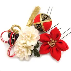 髪飾り 成人式 振袖 袴 ３点セット 赤 大人 浴衣 かんざし 簪 房飾り 卒業式 フォーマル 結婚式 花飾り 玉飾り つまみ細工 ちりめん W28 W 323-260 髪飾り エンジ u876