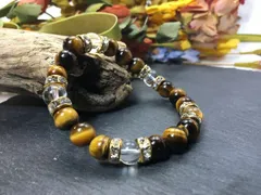 パワーストーン ブレスレット タイガーアイ&水晶 天然石ブレスレット(ゴールド) 8mm レディース  ●