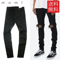 【送料無料】mnml X1 クラッシュ ダメージ スキニー デニム パンツ ブラック 黒 STRETCH DENIM Black ミニマル