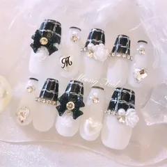 No.80オーダー♡量産型ワンホン韓国フレンチガーリーバラローズジェルネイルチップ チェック イニシャル 推し リボン ハート