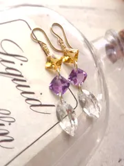 天然石 14kgf 宝石質シトリン&アメジスト&水晶のピアス