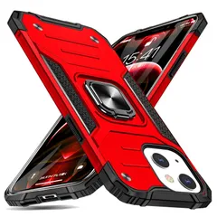 iPhone 13 Mini 用 ケース リング 衝撃吸収 耐衝撃 落下防止 米国軍事MIL標準取得 スタンド機能 PC+TPU 二重構造 防塵 薄型 軽量 一体型 360度回転 全面保護カバー アイフォン 13 Mini 用 ケース 赤 MJJ-