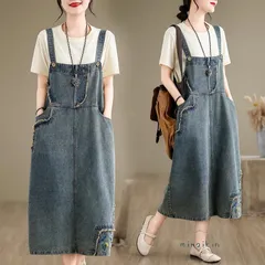 ワンピース レディース デニム ジャンパースカート オーバーオール サロペット オールインワン ロング丈 ゆったり 花刺繍 可愛い 30代40代50代60代70代 M250408-222