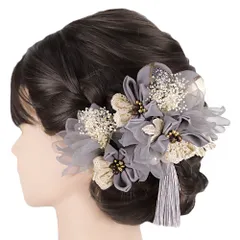 髪飾り 成人式 つまみ細工 玉飾り カスミソウ シフォン レース サテン パールビーズ 房 ゴールド 振袖 前撮り 袴 花 灰色 グレ No.9-5536