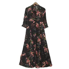 ZARA ザラ 通年 花柄 フラワー総柄★ レーヨン100% 7分袖 シャツ ロング フレア ワンピース Sz.S レディース 黒
