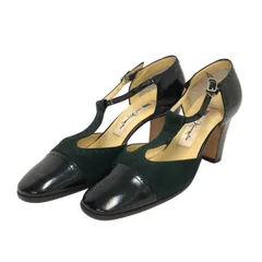 銀座かねまつ ストラップ サイドオープン パンプス エナメル/スウェード ブラック グリーン 7.5cmヒール 23.5cm【中古】 レディース