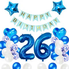 26歳 26歳誕生日 バルーン 風船 飾り付け セット ブルー 数字バルーン 26 HAPPY BIRTHDAYガーランド ハート風船 紙吹雪風船 バースデーバルーン 風船 男の子 女の子 祝い バースデー お祝い 飾り 記念日 部屋 撮影