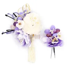 髪飾り 成人式 水引 つまみ細工 振袖 前撮り 袴 花 2点セット 紫 薄紫 白 黒 ゴールド ちりめん 房 組紐 レース レース 和柄 No.12-0460