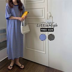 ワンピース レディース ボーダー ロング 半袖 ゆったり 体型カバー 夏 オーバーサイズ 部屋着 ワンマイルウェア 楽ちん シンプル