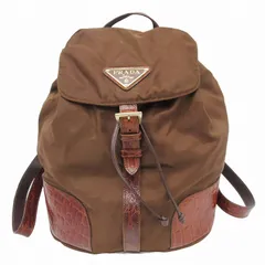 美品 プラダ PRADA ナイロン × クロコ レザー リュックサック バックパック デイパック カバン 三角ロゴプレート 鞄 茶 ブラウン レディース/8/☆M19