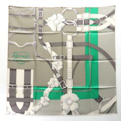 HERMES カレ90 GRAND MANEGE 大調教術 グレー スカーフ 003256S シルク 美品 エルメス ◆送料込◆質屋-10973
