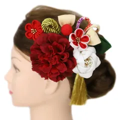 髪飾り 成人式 つまみ細工 赤 振袖 前撮り 袴 花 2点セット ワインレッド 白 ゴールド ベージュ 黄色 緑 ちりめん 房 房付き No.12-0052