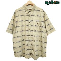 ウールリッチ WOOLRICH ボタンダウンシャツ 半袖 総柄 カジキ ベージュ×ネイビー サイズ：メンズ XL 古着 【中古】