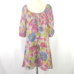 美品/USA製★ three dots【スリードッツ】 七分袖ワンピース【size:XS/ひざ丈/マルチカラー/総柄】シースルー/dress◆BJ004-f