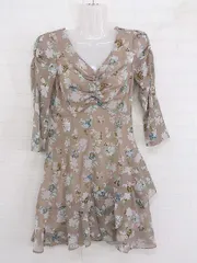 ◇ MERCURYDUO マーキュリーデュオ 花柄 Vネック 七分袖 ミニ ワンピース サイズS ベージュ系 マルチ レディース P  【1212290005460】