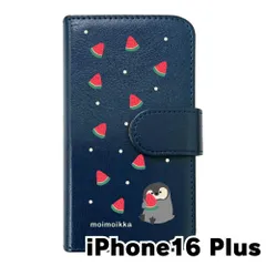 【新品未使用】iPhone16 Plus アイフォン16プラス スマホケース 手帳型 (色：ネイビー×柄：ペンギンとスイカ)moimoikka ペンギン 動物 flip2-ip16plus-nv-20139