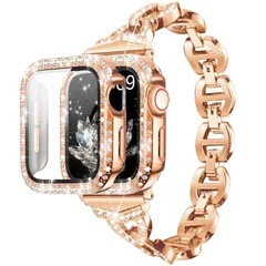 【人気商品】アップルウォッチバンド（ローズゴールド バンド、一つローズゴールドのケース付き，44mm ステンレス ベルト アップルウォッチ series ダイヤモンドラインストーンAppleWatchケース付き バンド Watch 6/5/4/SE） Appl