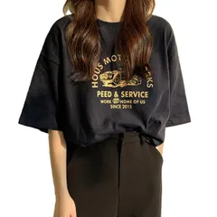 [ウェアビー] デザインプリント Tシャツ 半袖 オーバーサイズ ゆったり カジュアル レディース ビックシルエット 大きいサイズ レトロ ロゴ 体型カバー 韓国 丸首 クルーネック カットソー てぃーしゃつ ティーシャツ おしゃれ女子 [ブラック] [XL]
