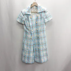 ◇ ⊂ M'S GRACY チェック柄 半袖 ひざ丈 ワンピース サイズ9 ライトブルー ホワイト レディース E  【1410100017195】