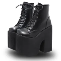 ブーツ 超 厚底 レディース 17cm サイドジッパー ショート レースアップ 編み上げ 太ヒール 黒 コスプレ ゴスロリ パンク 25cm